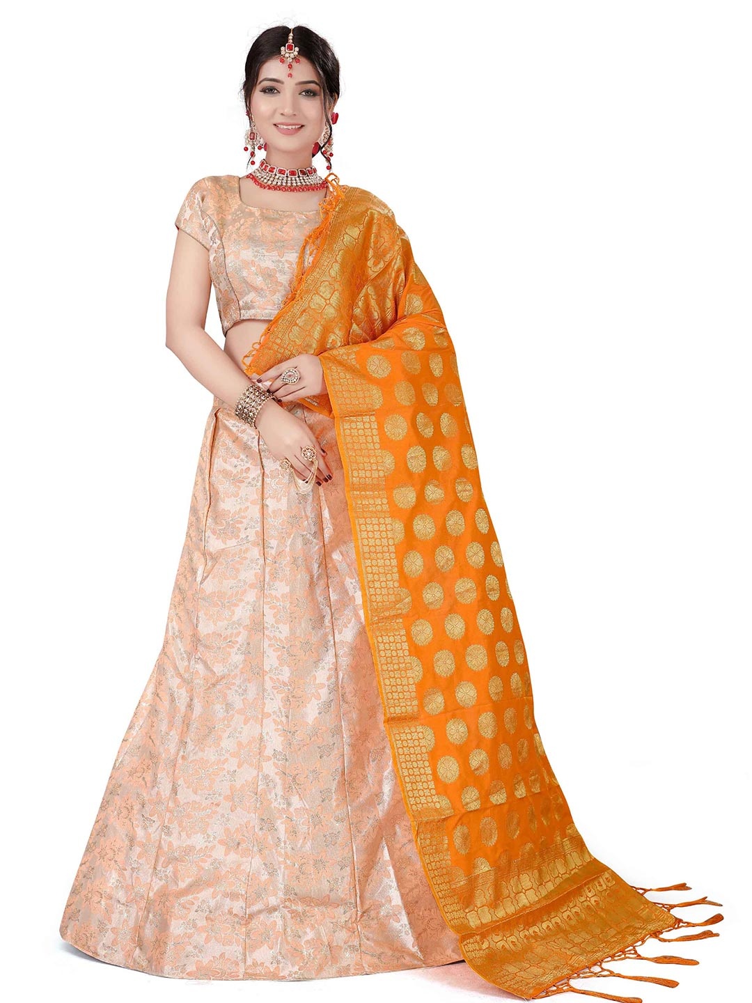 

MANVAA Semi-Stitched Lehenga & Unstitched Blouse With Dupatta, Peach