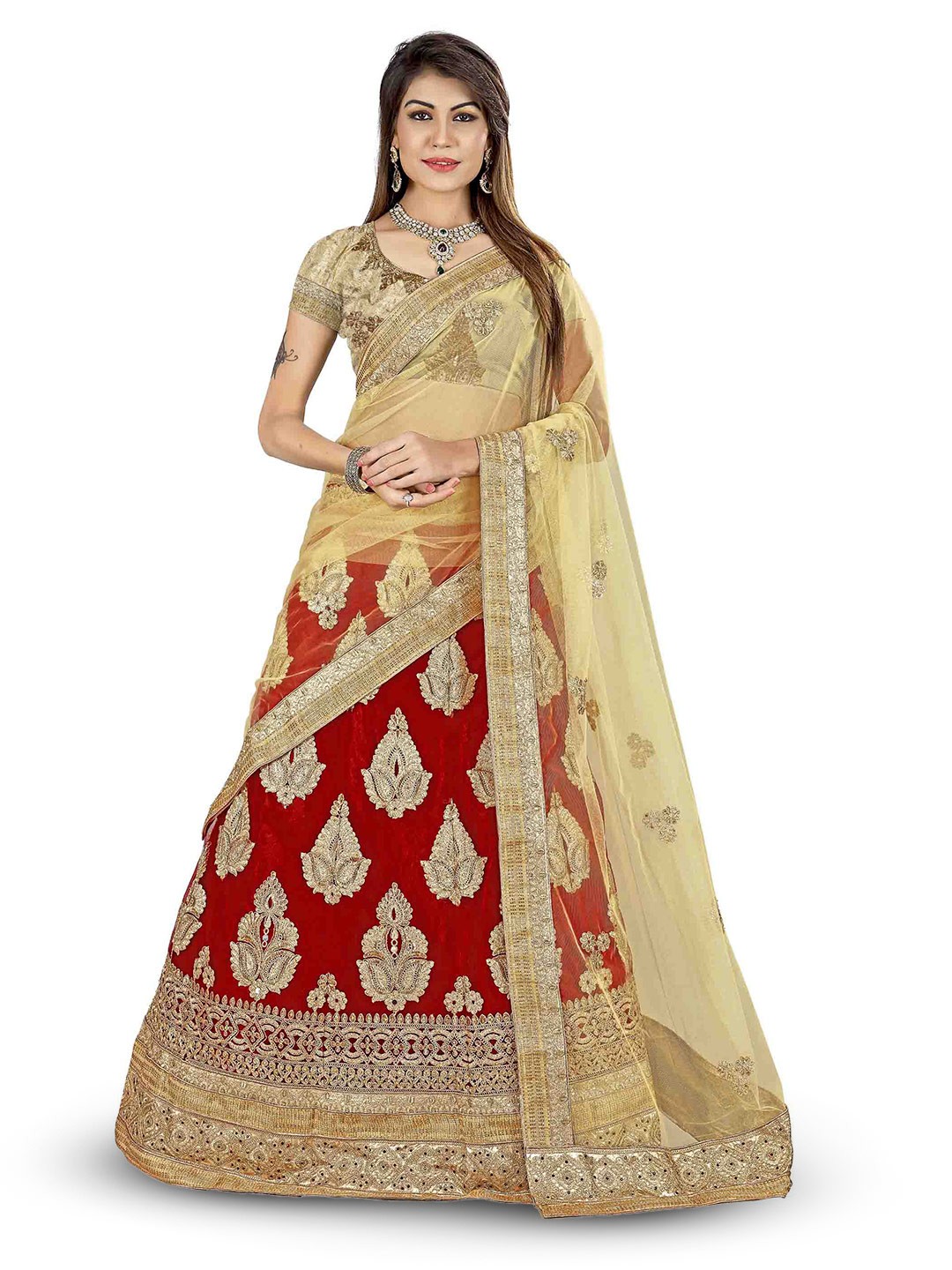 

MANVAA Embroidered Beads and Stones Semi-Stitched Lehenga & Unstitched Blouse With Dupatta, Red