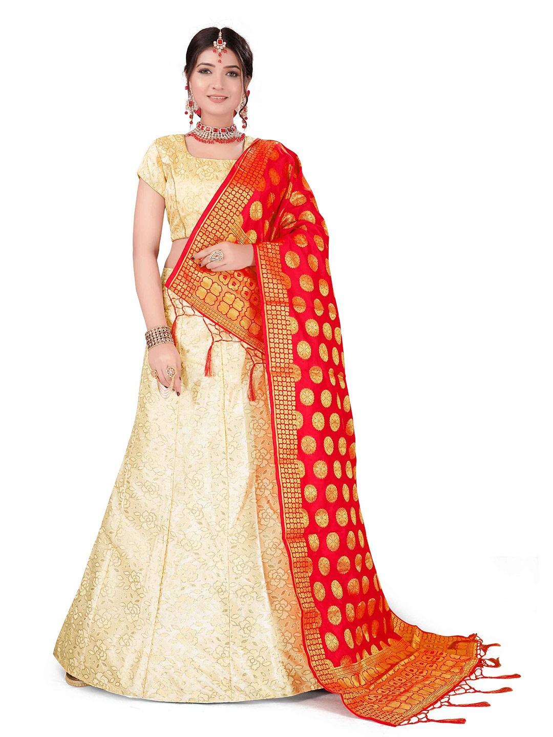

MANVAA Embroidered Semi-Stitched Lehenga & Unstitched Blouse With Dupatta, Beige