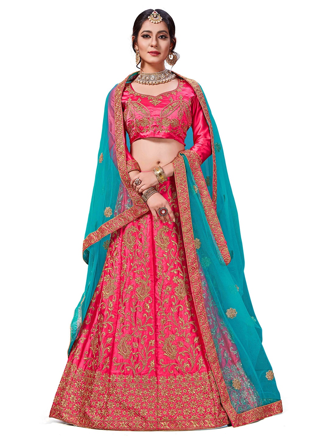 

MANVAA Embroidered Semi-Stitched Lehenga & Unstitched Blouse With Dupatta, Pink