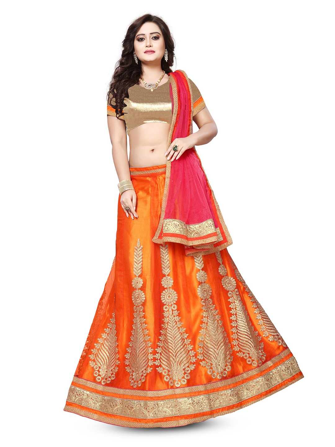 

MANVAA Embroidered Semi-Stitched Lehenga & Unstitched Blouse With Dupatta, Orange