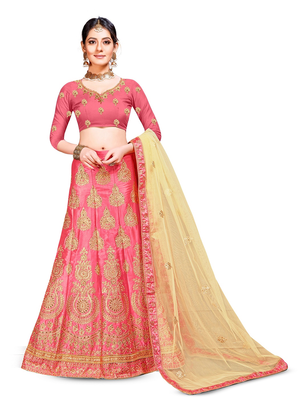 

MANVAA Embroidered Thread Work Semi-Stitched Lehenga & Unstitched Blouse With Dupatta, Pink