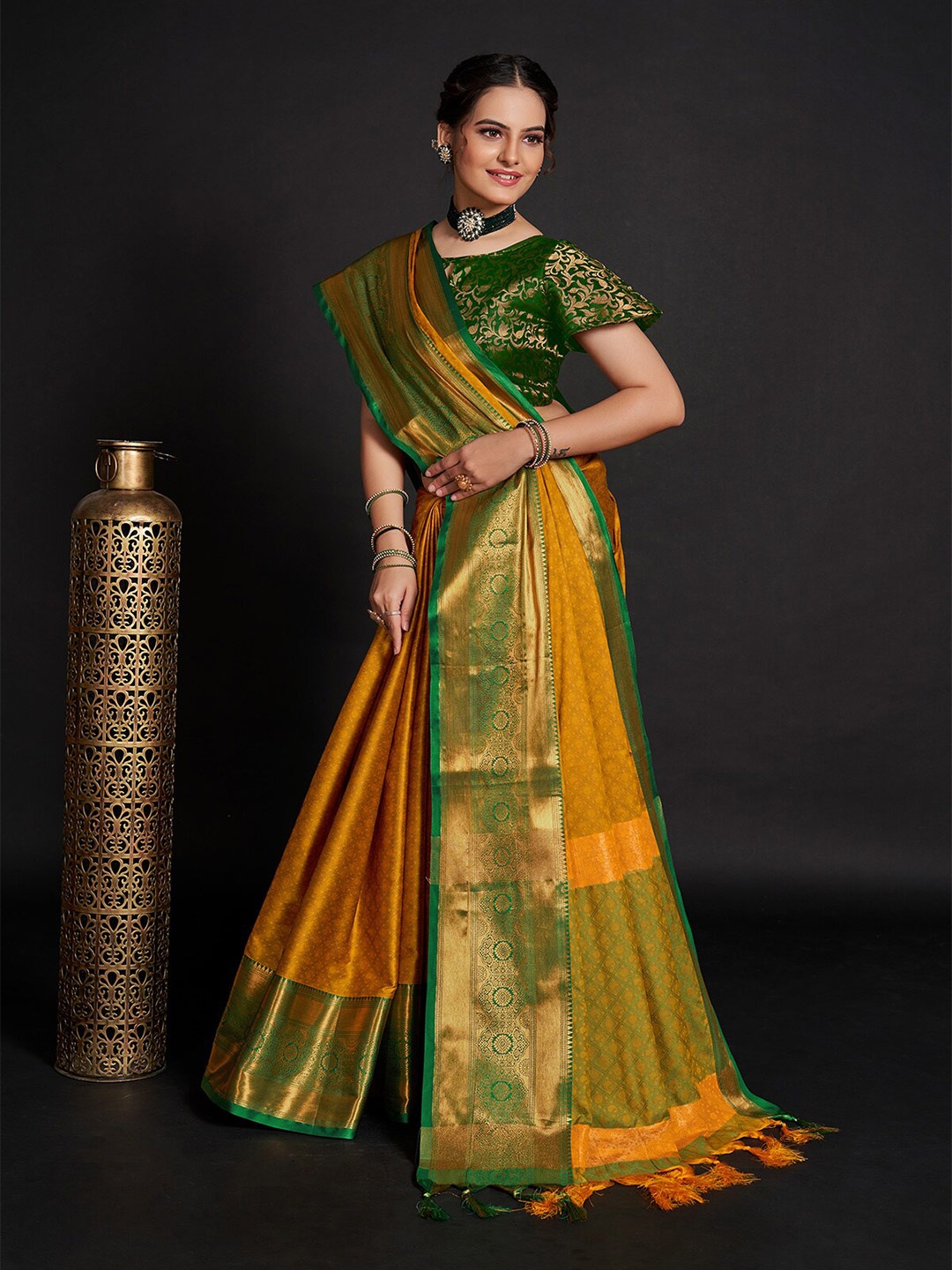 

KALINI Mustard & Green Woven Design Zari Cotton Silk Banarasi Saree