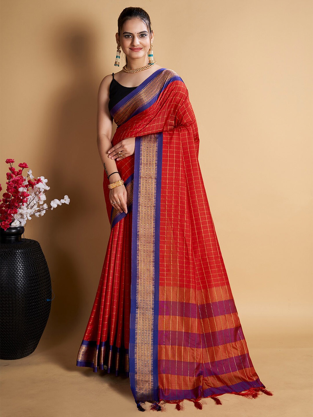 

KALINI Red & Blue Woven Design Zari Cotton Silk Banarasi Saree