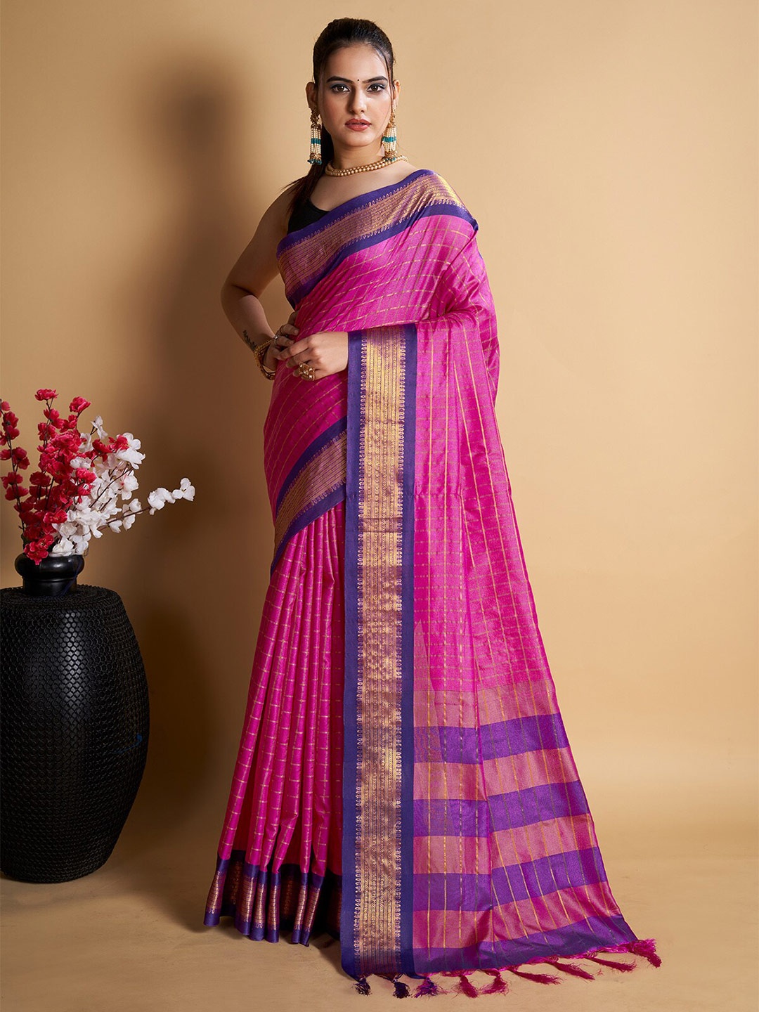 

KALINI Pink & Blue Checked Zari Cotton Silk Banarasi Saree