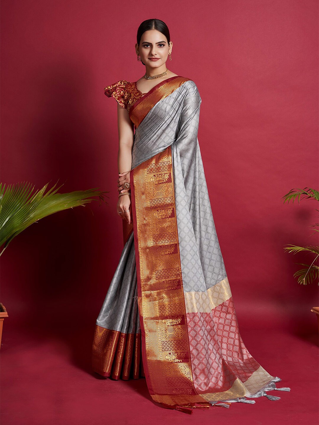 

KALINI Grey & Maroon Ethnic Motifs Zari Woven Design Cotton Silk Banarasi Saree