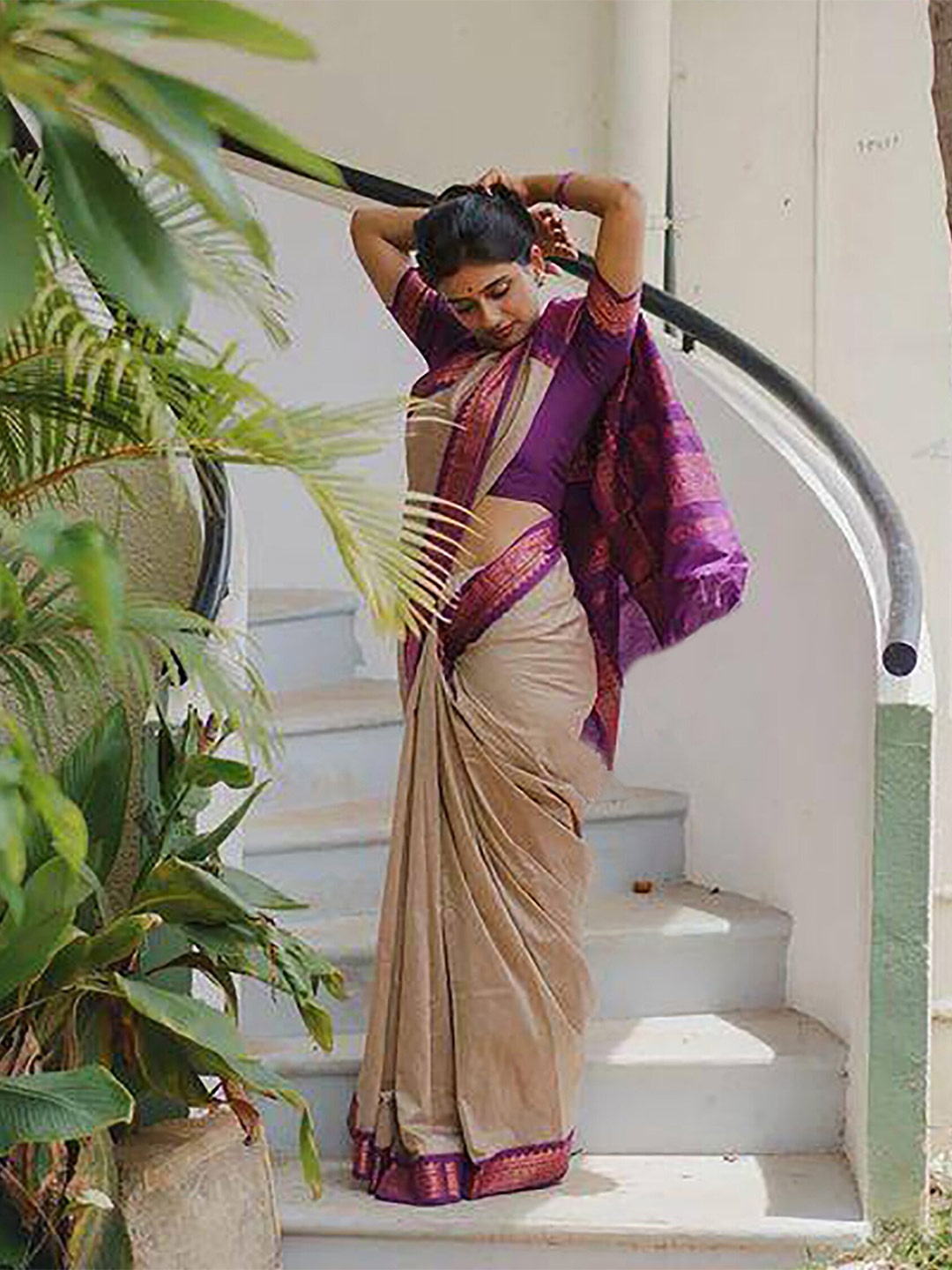 

KALINI Beige & Purple Zari Kanjeevaram Saree
