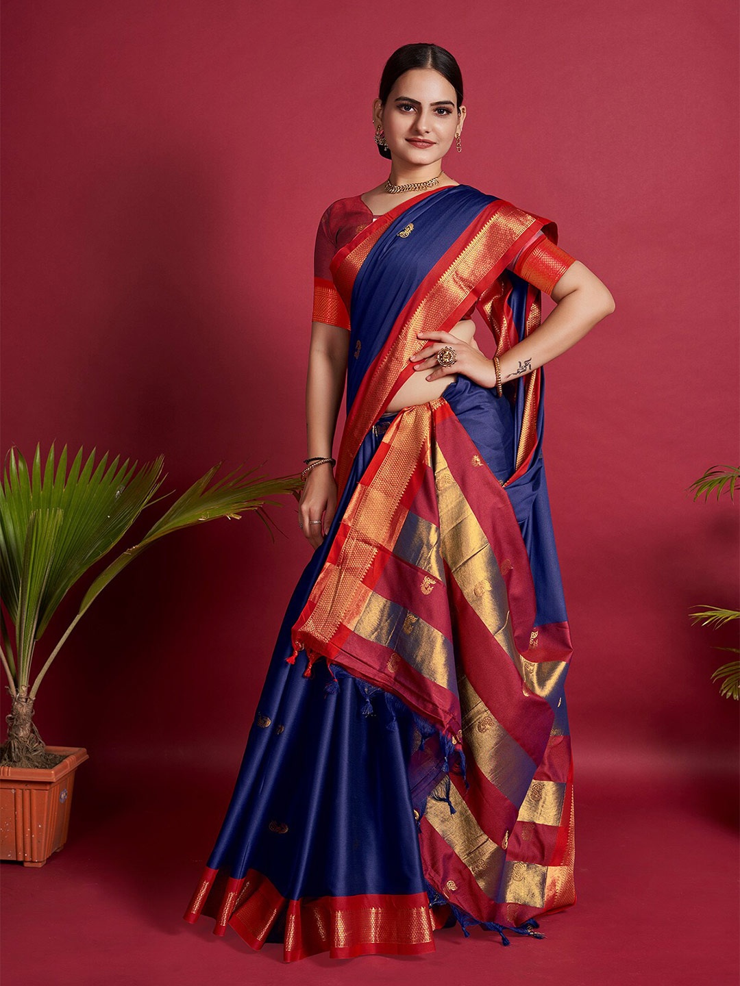 

KALINI Blue & Red Ethnic Motifs Zari Cotton Silk Banarasi Saree