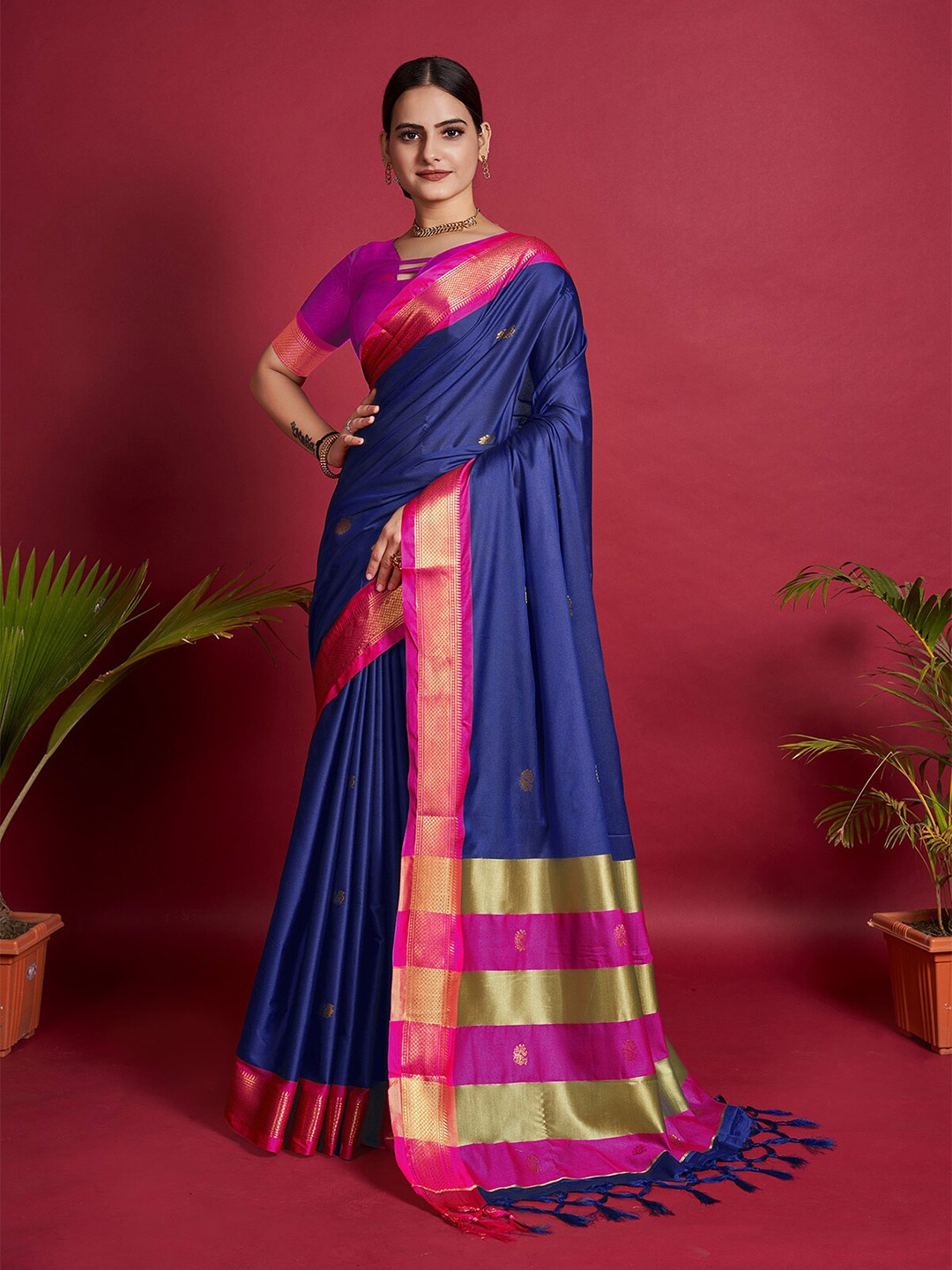 

KALINI Ethnic Motifs Zari Banarasi Saree, Blue