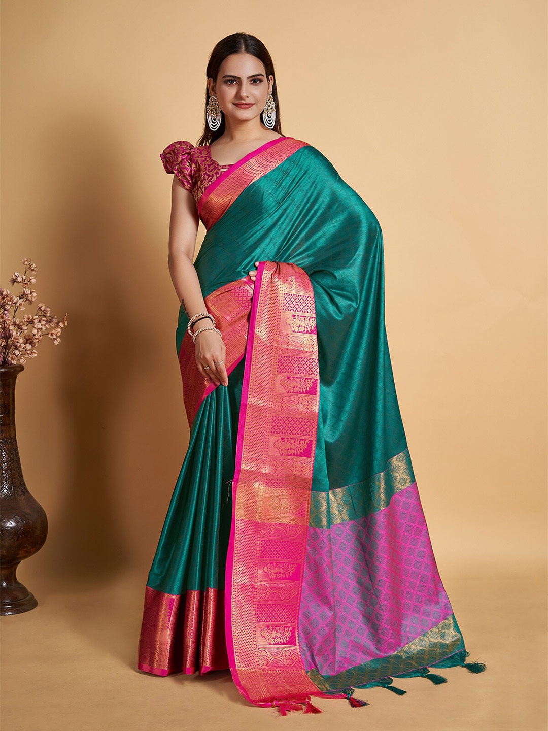 

KALINI EthncMotifs Zari Banarasi Cotton Silk Saree, Teal