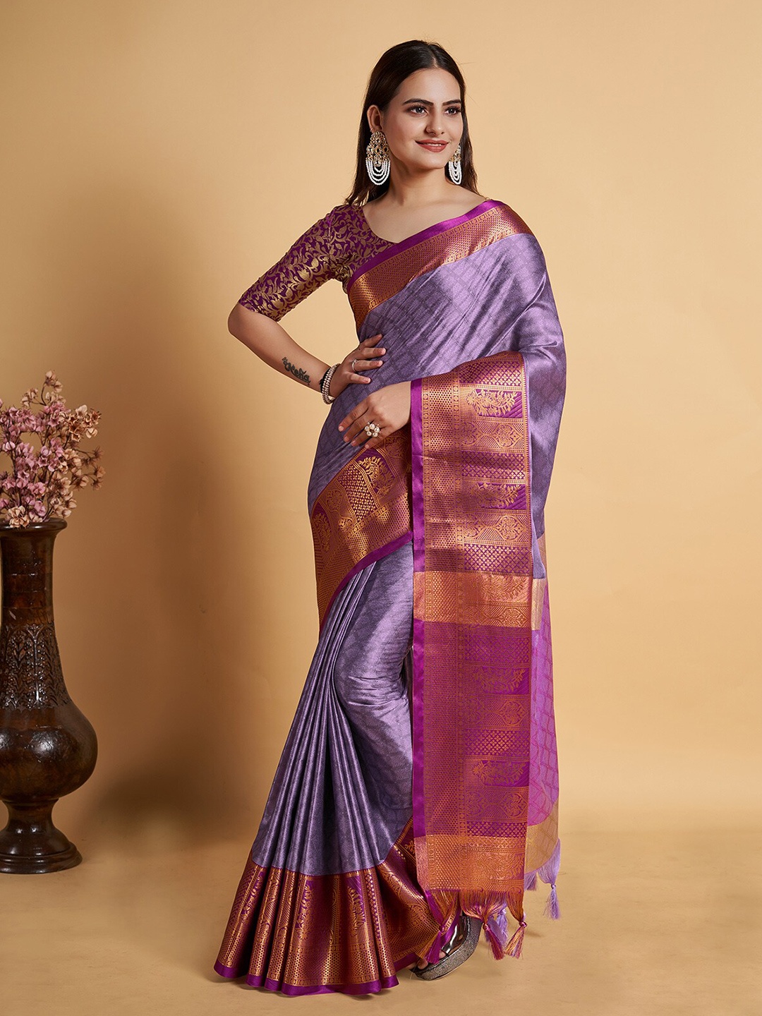 

KALINI Purple & Pink Woven Design Zari Cotton Silk Banarasi Saree