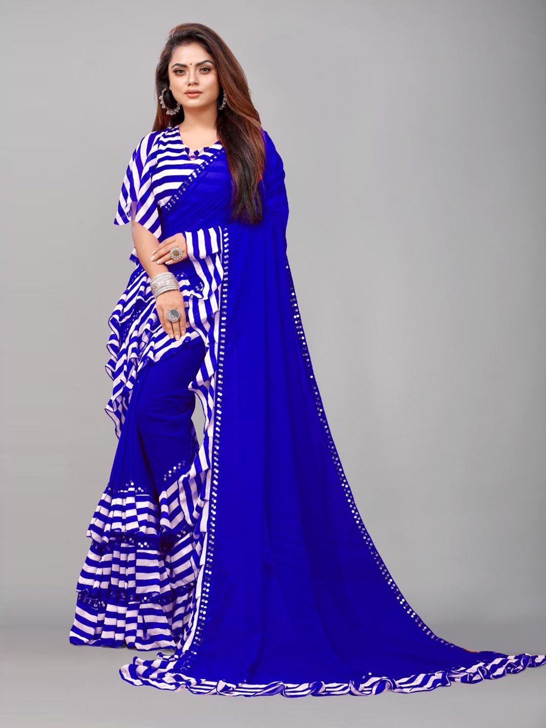 

SM TRENDZ Striped Pure Georgette Bhagalpuri Saree, Blue