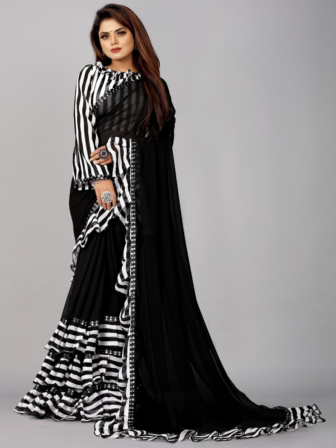 

SM TRENDZ Striped Sequinned Pure Georgette Bhagalpuri Saree, Black