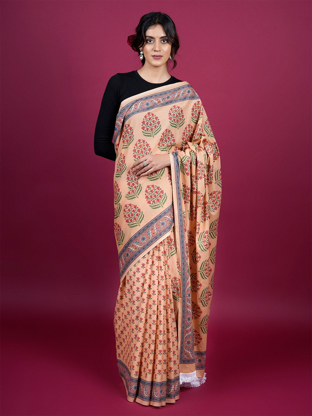 

BUTA BUTI Floral Printed Pure Cotton Saree, Beige