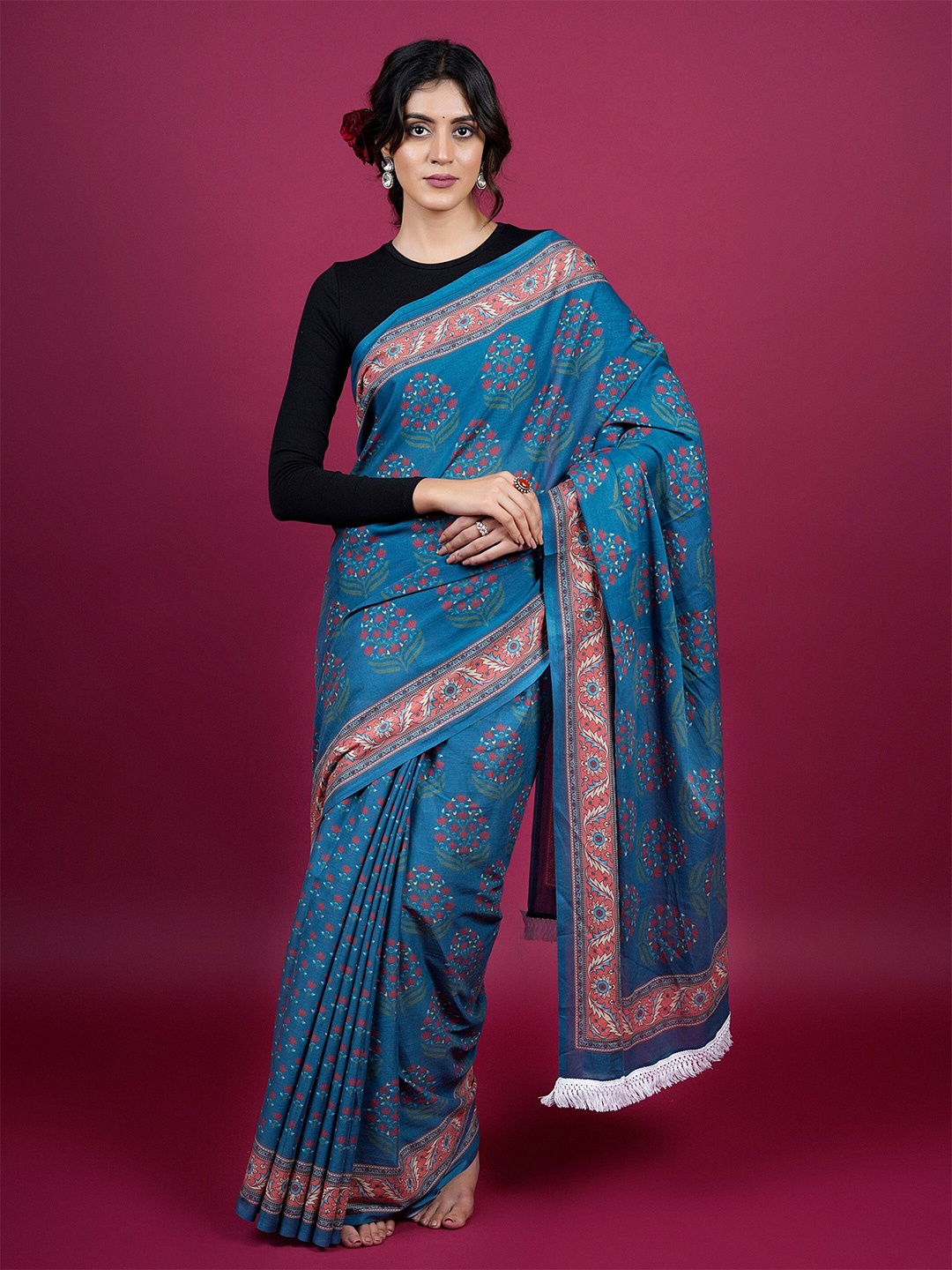 

BUTA BUTI Floral Woven Design Pure Cotton Saree, Blue