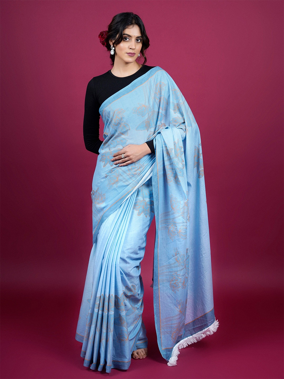 

BUTA BUTI Floral Woven Design Pure Cotton Saree, Blue