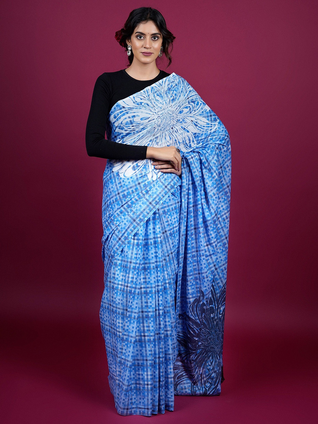 

BUTA BUTI Floral Printed Pure Cotton Saree, Blue