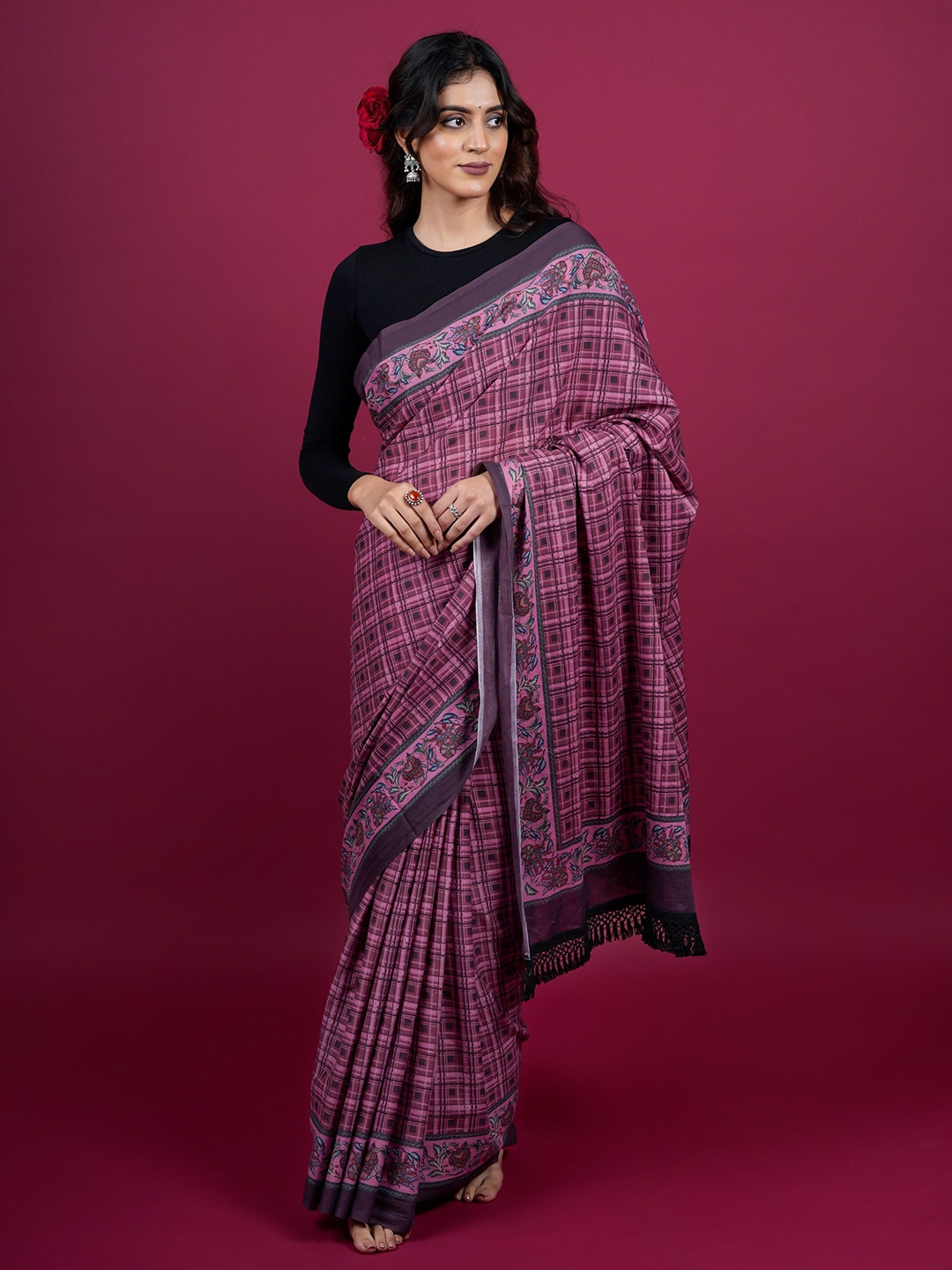 

BUTA BUTI Checked Printed Pure Cotton Saree, Mauve