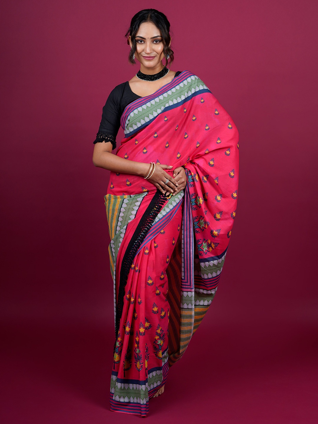 

BUTA BUTI Floral Printed Pure Cotton Saree, Pink