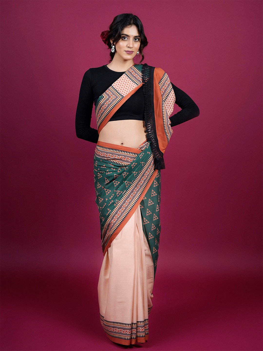 

BUTA BUTI Geometrical Printed Pure Cotton Half and Half Saree, Green
