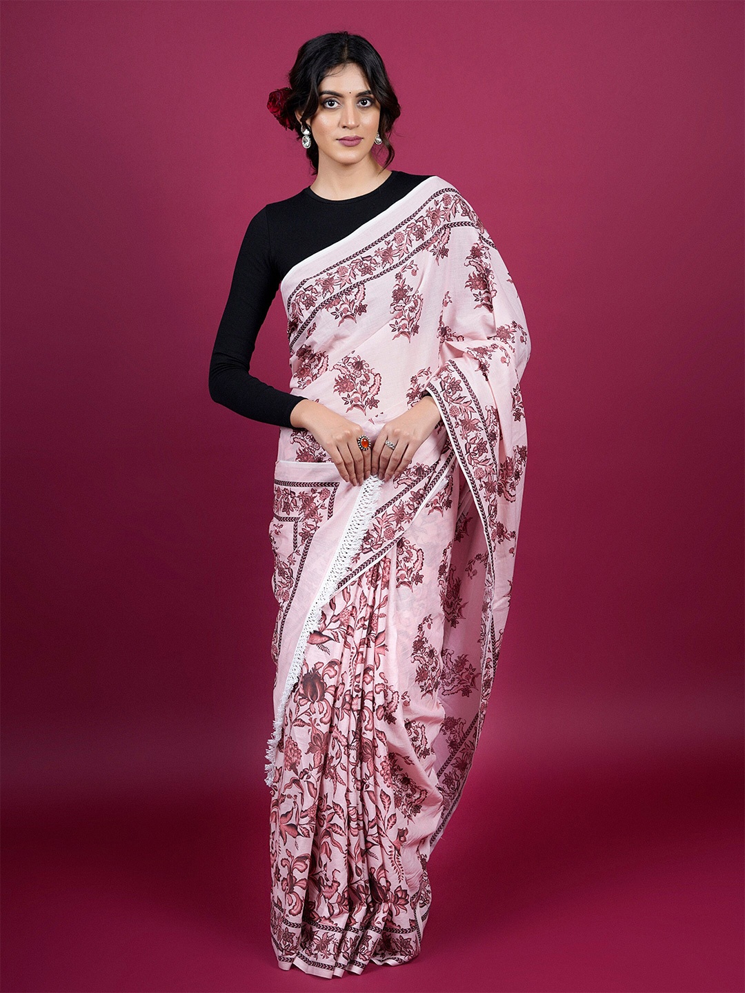 

BUTA BUTI Floral Printed Embroidered Pure Cotton Saree, Rose