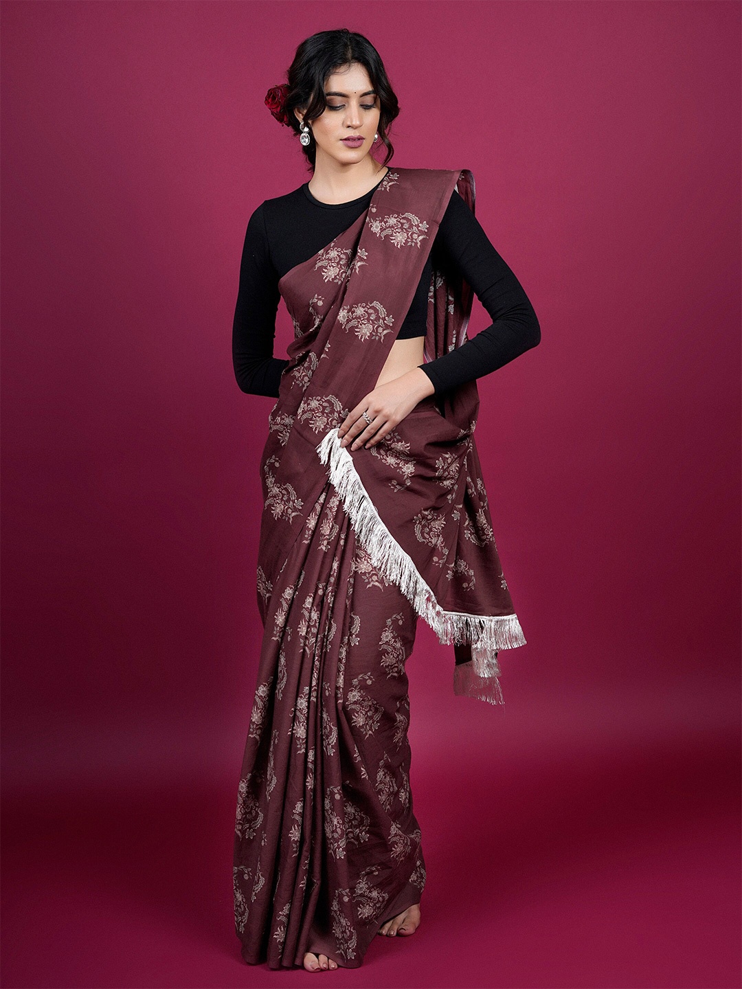 

BUTA BUTI Floral Printed Pure Cotton Saree, Coffee brown