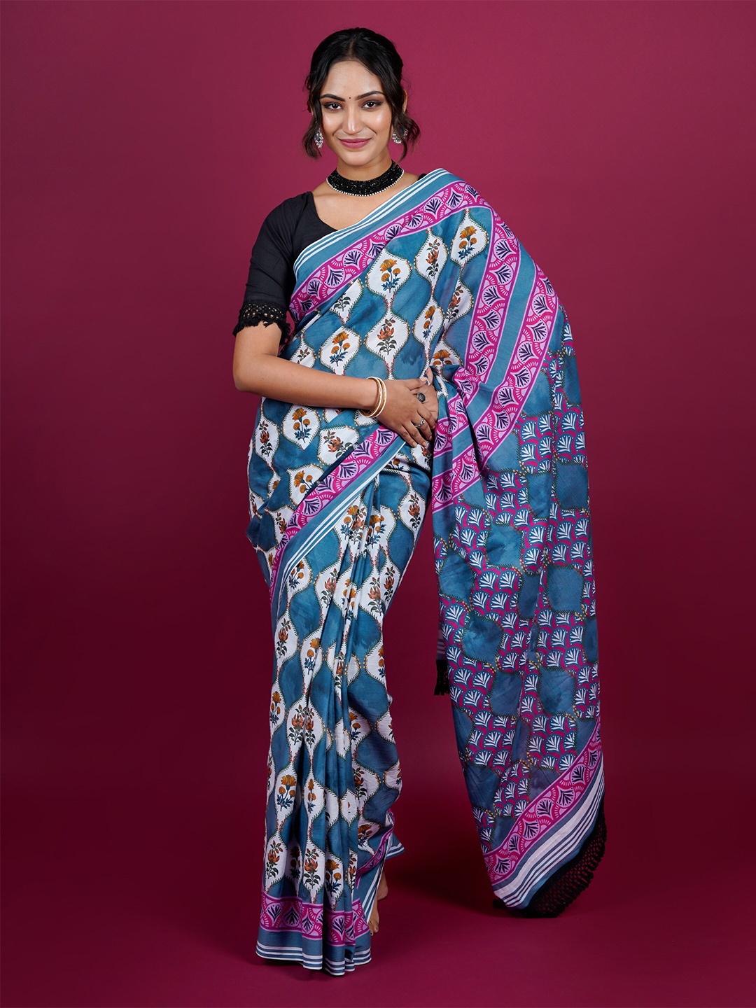 

BUTA BUTI Floral Woven Design Pure Cotton Saree, Blue