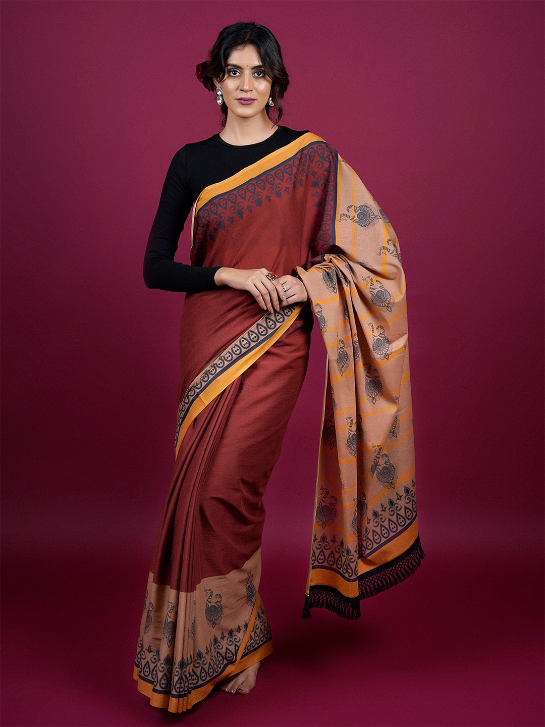 

BUTA BUTI Ethnic Motifs Woven Design Pure Cotton Saree, Copper