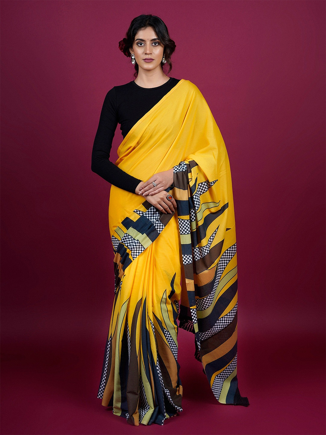 

BUTA BUTI Abstract Printed Pure Cotton Saree, Yellow