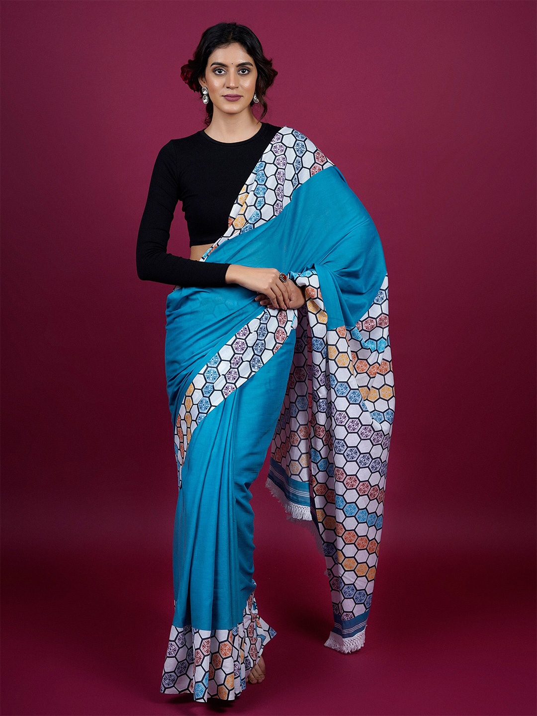 

BUTA BUTI Colourblocked Pure Cotton Saree, Blue