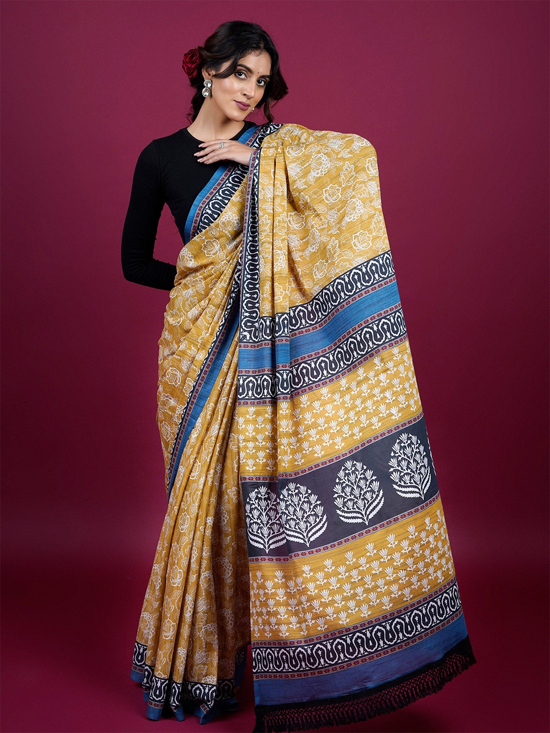 

BUTA BUTI Floral Printed Pure Cotton Saree, Mustard