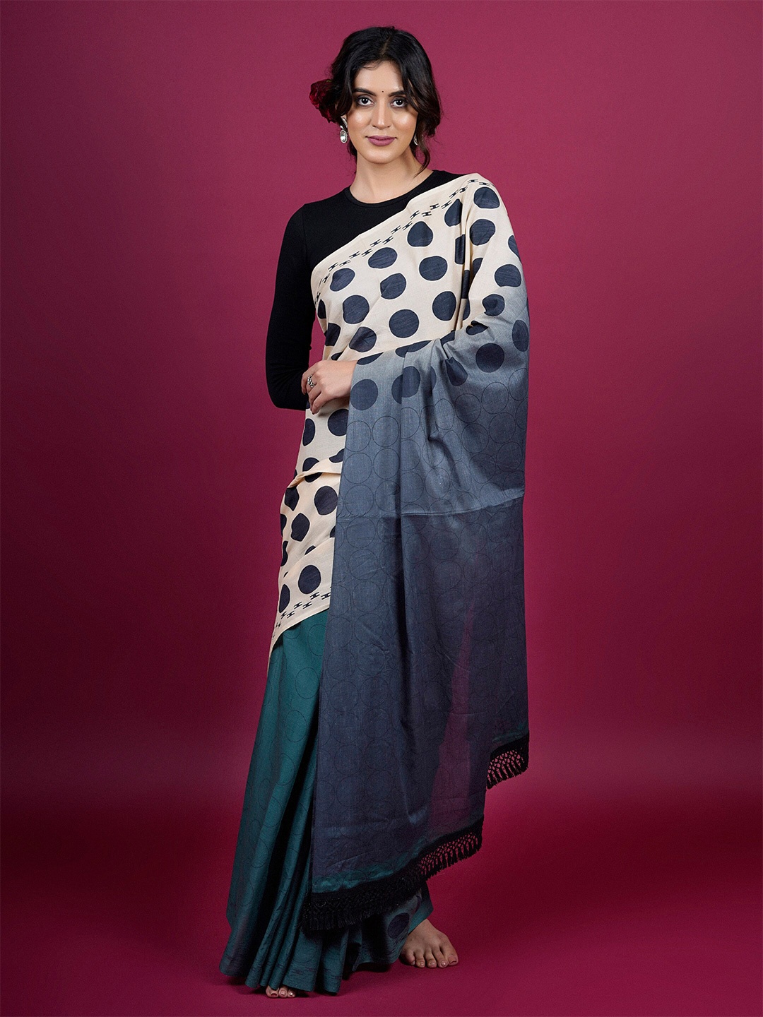 

BUTA BUTI Polka Dot Printed Pure Cotton Saree, Navy blue