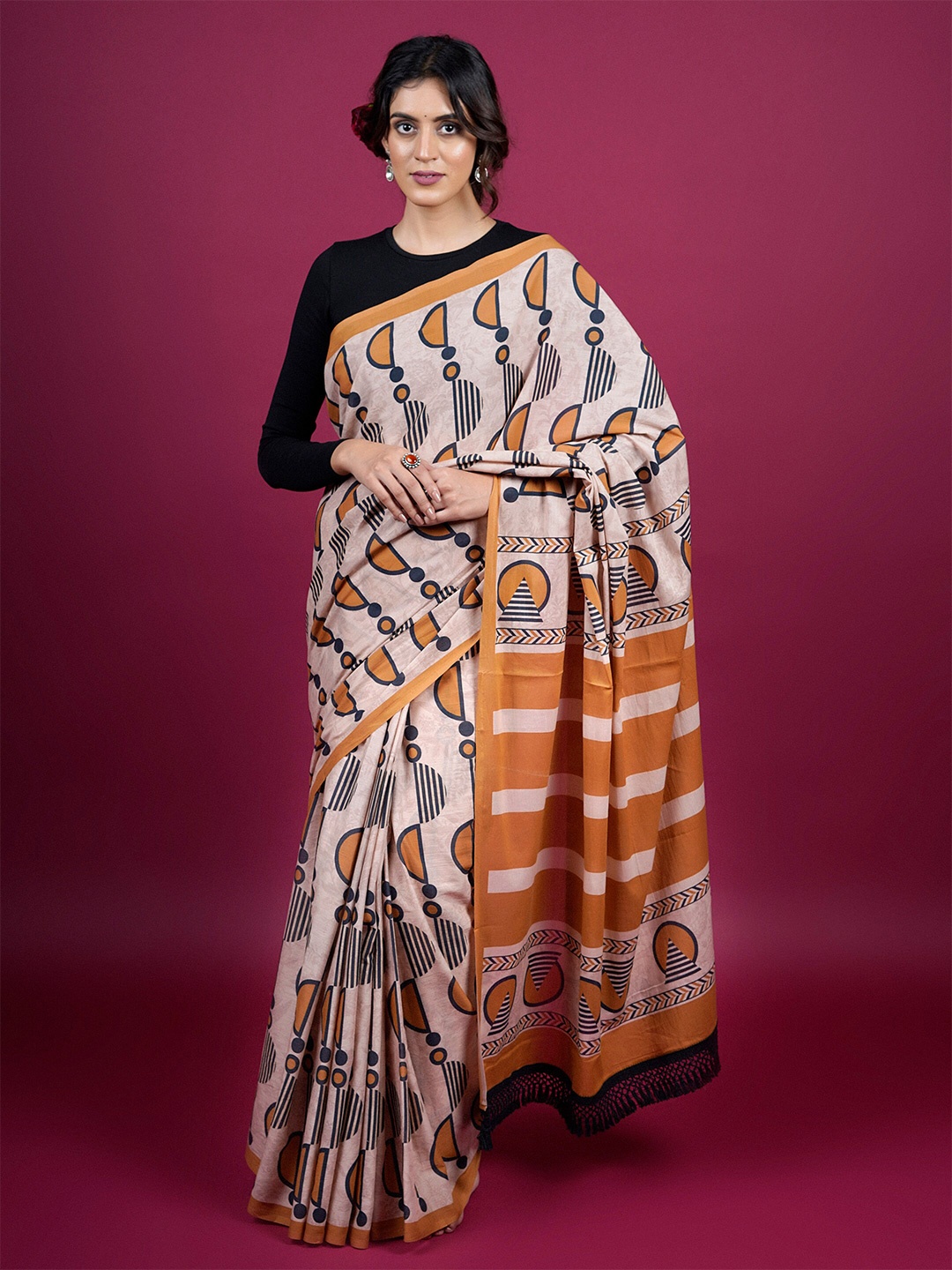 

BUTA BUTI Geometrical Printed Pure Cotton Saree, Mustard