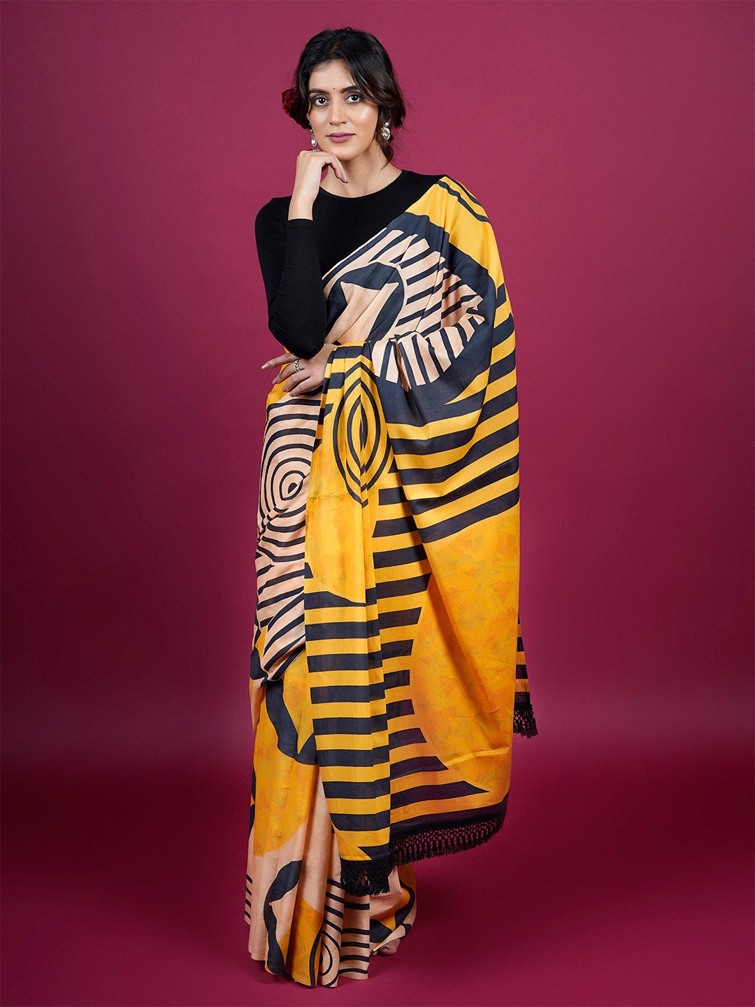 

BUTA BUTI Abstract Striped Pure Cotton Saree, Yellow