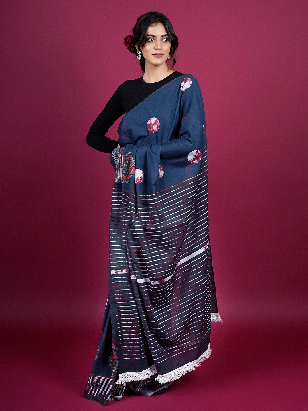 

BUTA BUTI Polka Dot Printed Pure Cotton Saree, Navy blue