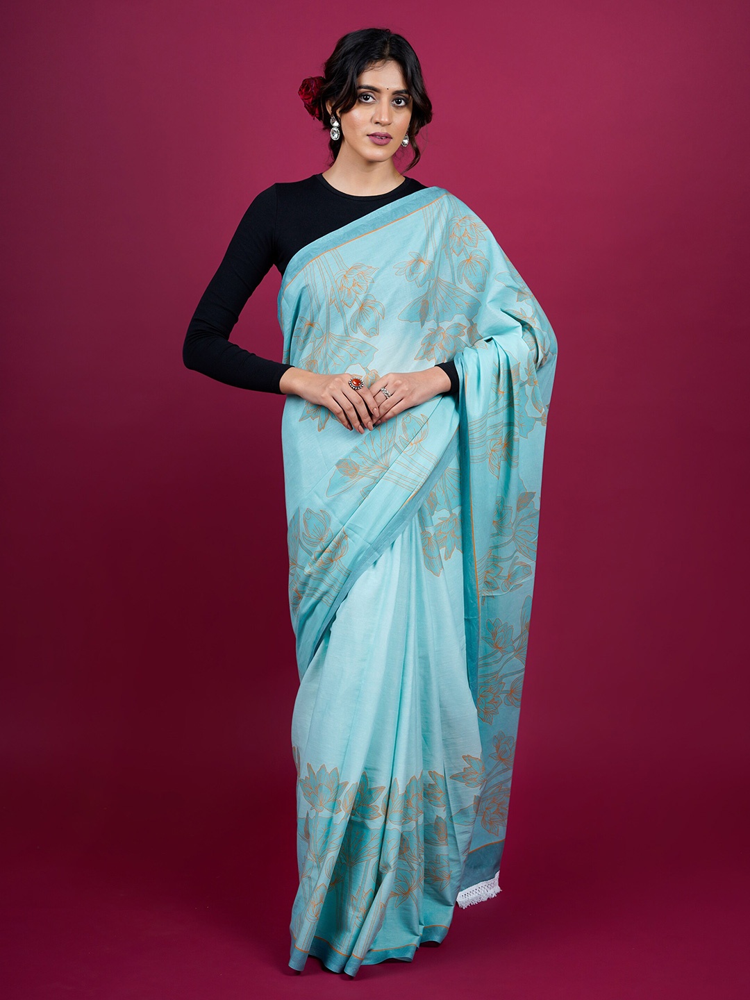 

BUTA BUTI Floral Woven Design Pure Cotton Saree, Blue