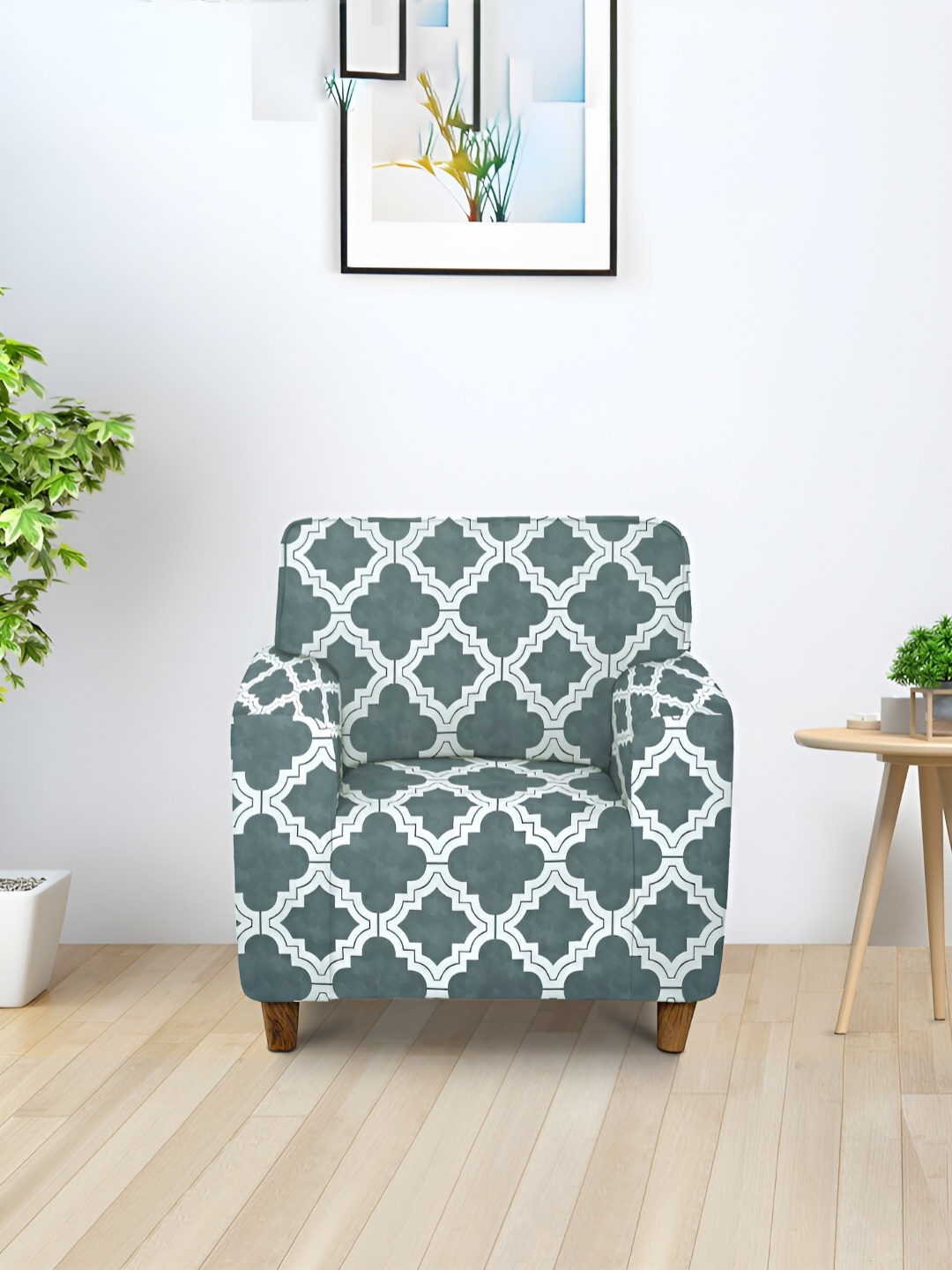 

Aura Grey & White Printed Stretchable 1 Seater Sofa Cover With Arms