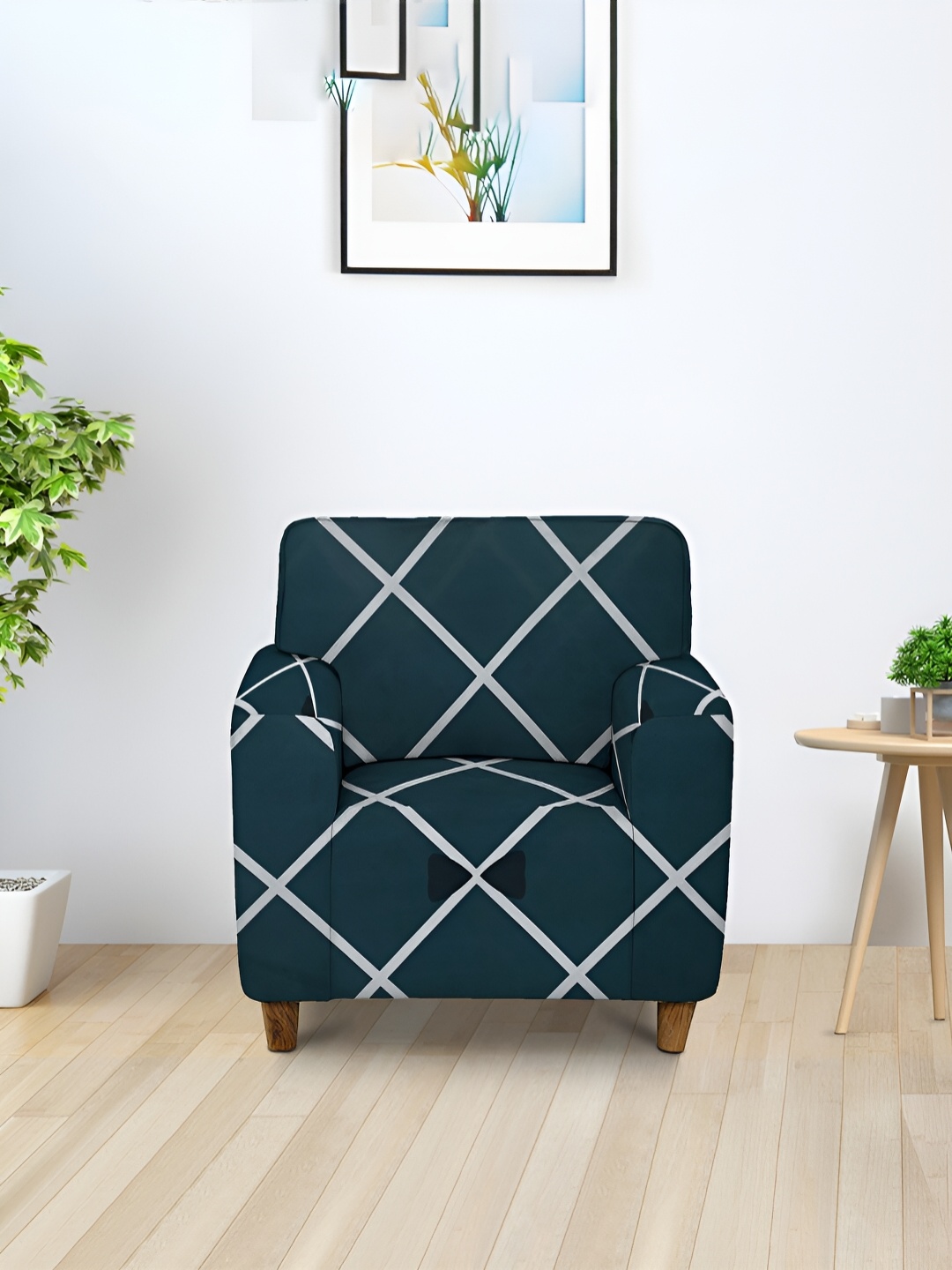 

Aura Teal & White Printed Stretchable 1 Seater Sofa Cover With Arms