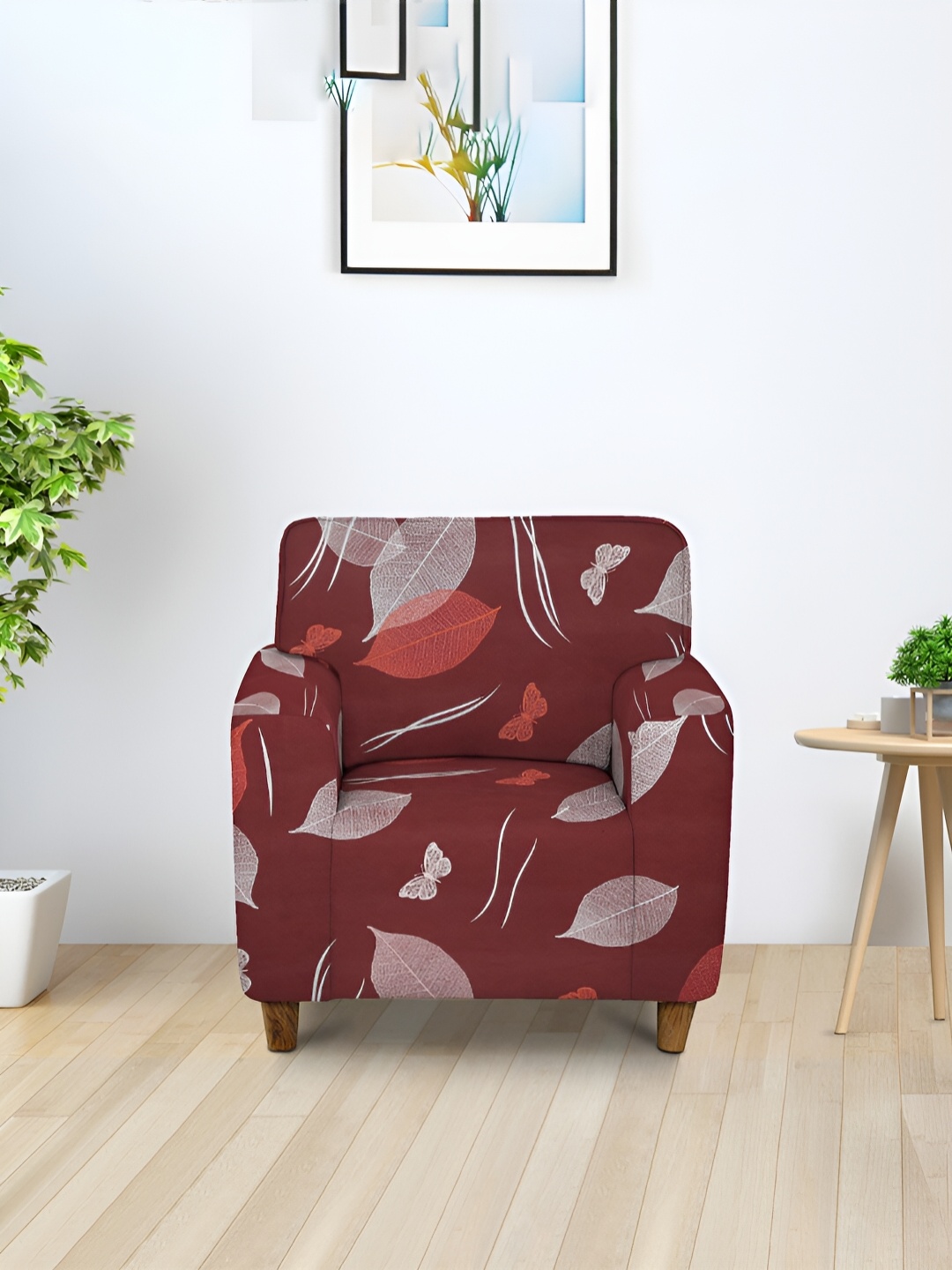

Aura Burgundy & White Printed Stretchable 1 Seater Sofa Cover With Arms