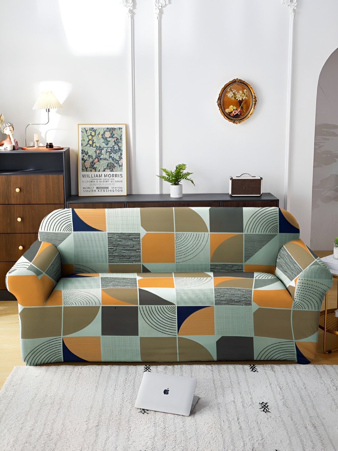 

Aura Blue & Mustard Printed Stretchable 3 Seater Sofa Cover With Arms