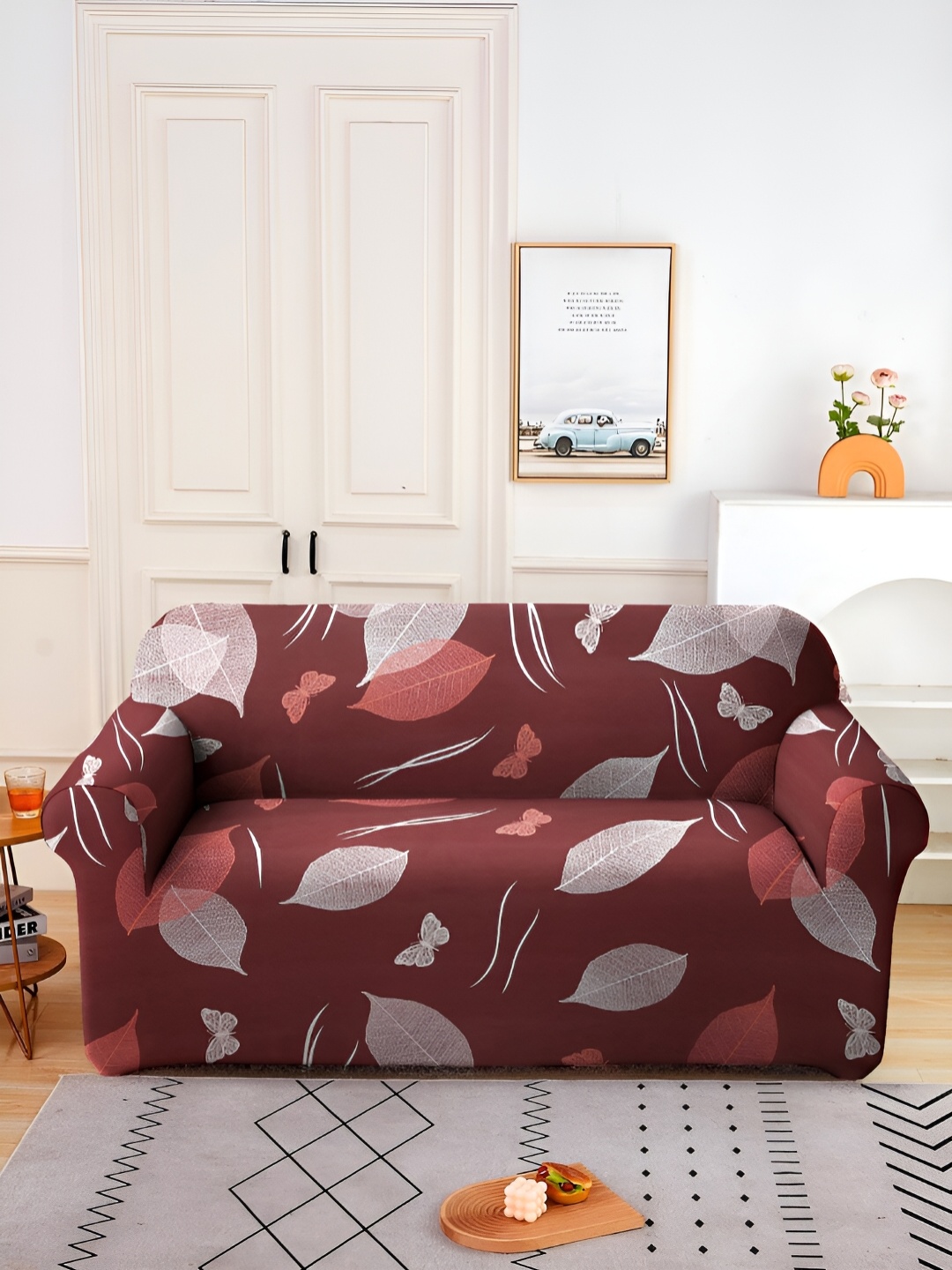 

Aura Maroon & White Printed Stretchable 2 Seater Sofa Cover With Arms