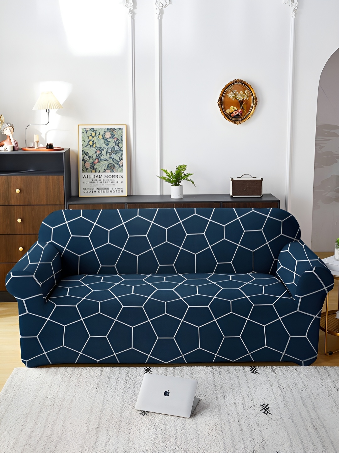 

Aura Navy Blue & White Abstract Printed Stretchable Sofa Cover With Arms