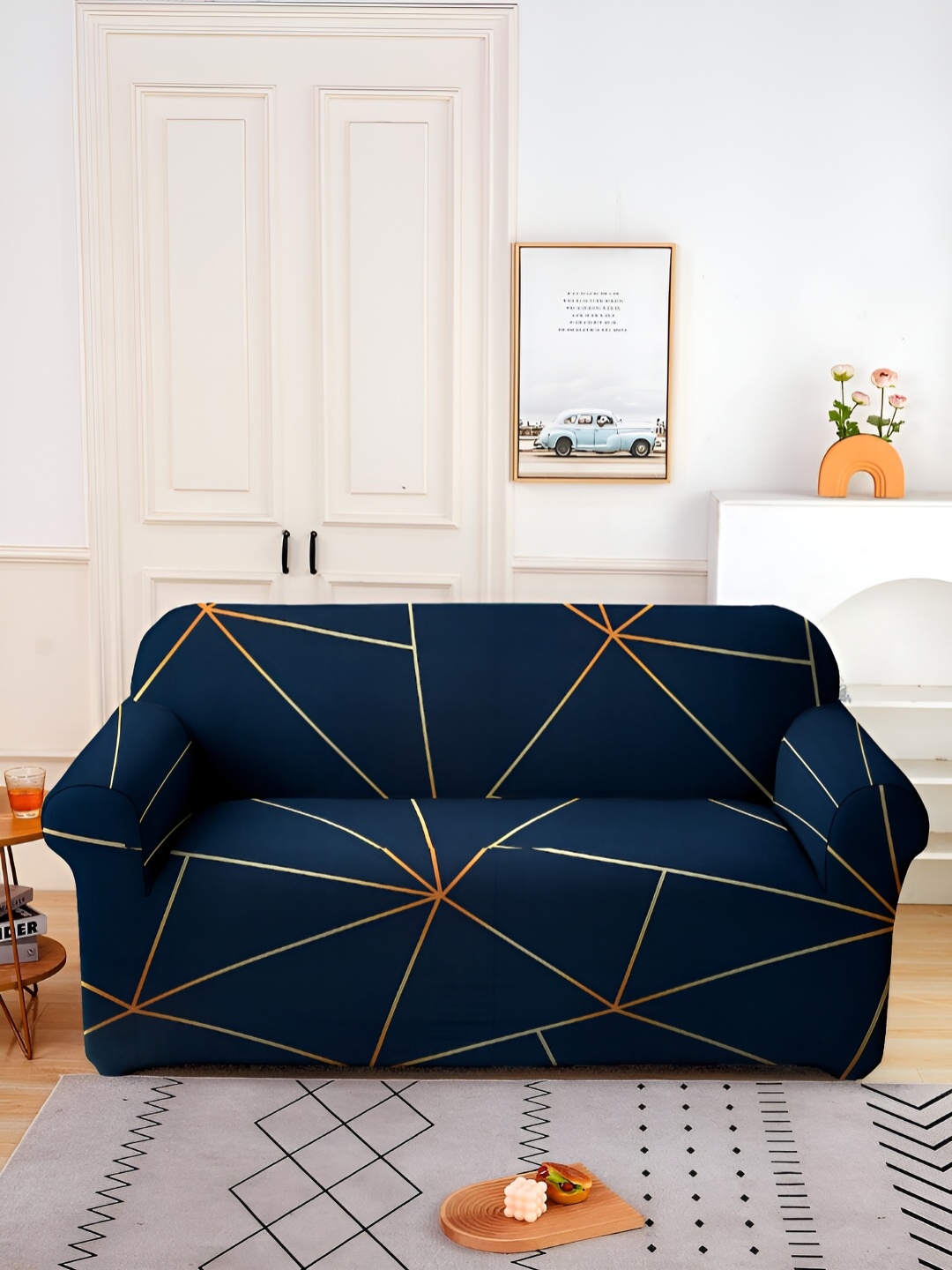 

Aura Navy Blue & Gold-Toned Printed 2 Seater Sofa Cover