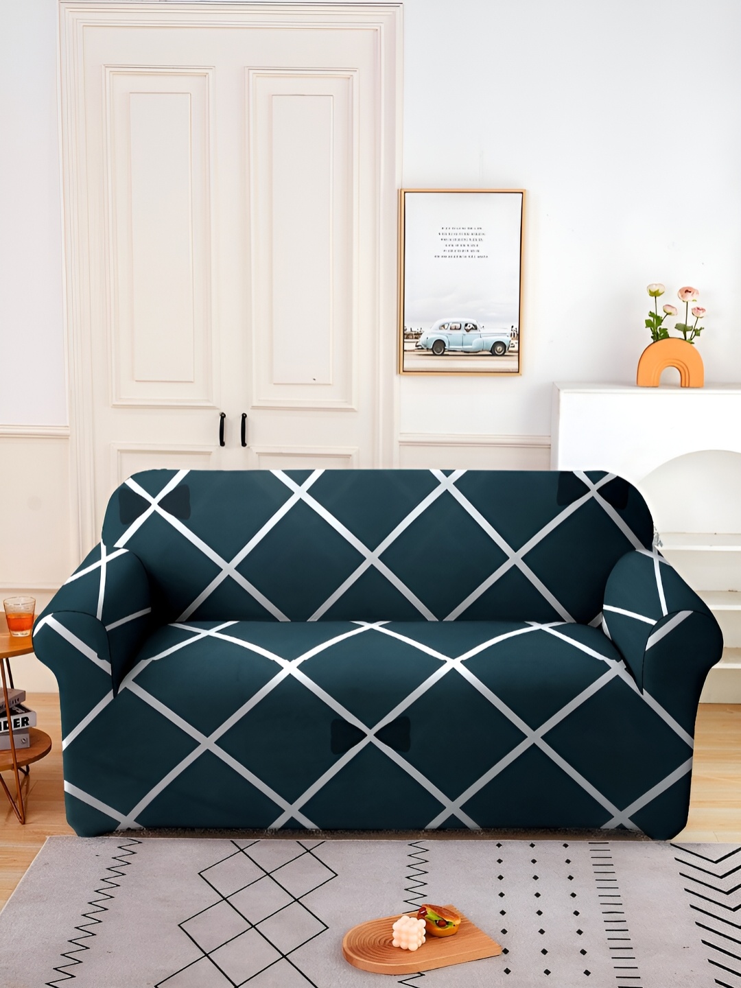 

Aura Teal Green & White Checked Printed Stretchable Sofa Cover With Arms