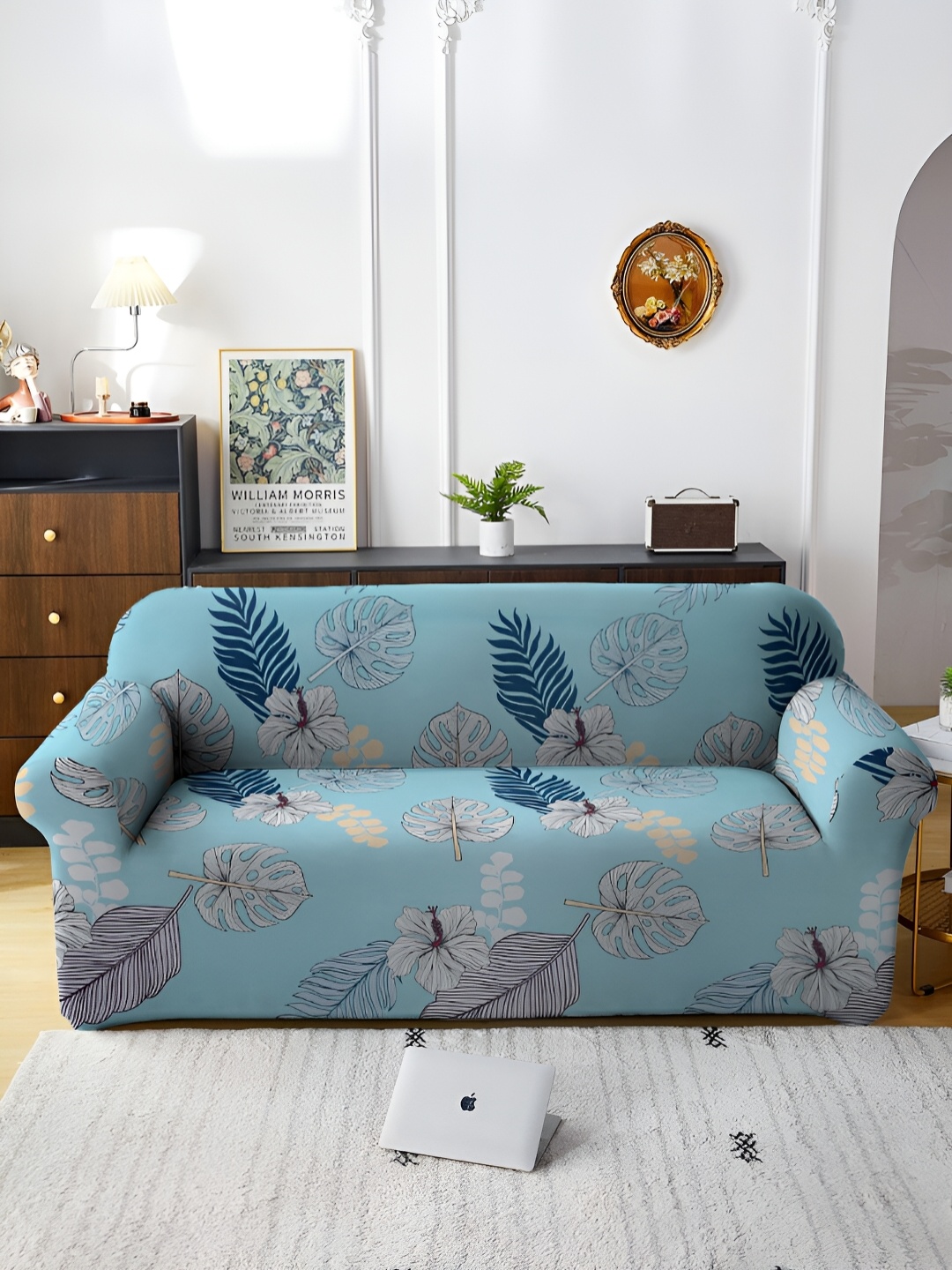 

Aura Blue & Grey Floral Printed Stretchable Three Seater Sofa Cover