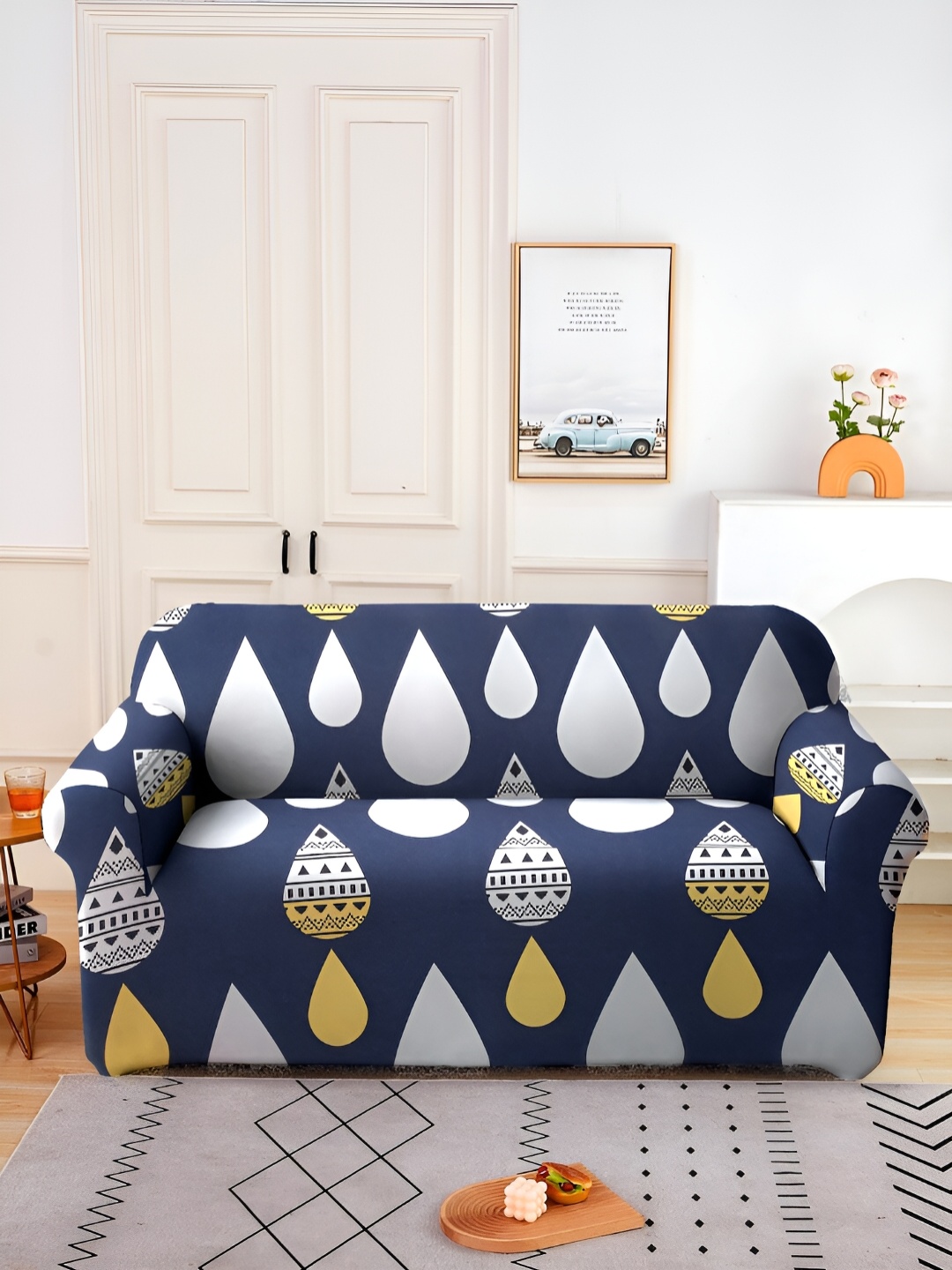 

Aura Blue & White Printed Stretchable Two Seater Sofa Cover With Arms