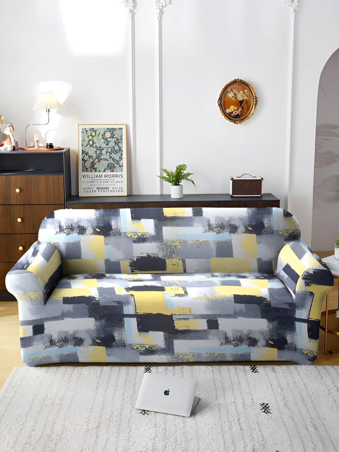 

Aura Grey & Yellow Printed Stretchable Three Seater Sofa Cover With Arms