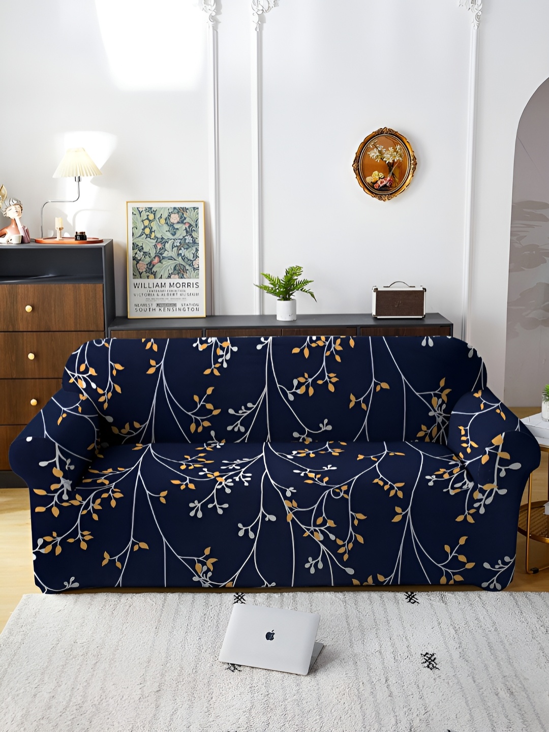 

Aura Navy Blue & White Printed Stretchable Three Seater Sofa Cover With Arms