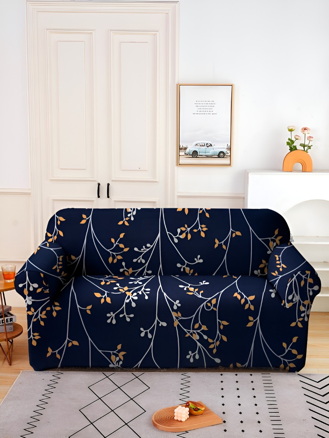 

Aura Navy Blue & White Printed Stretchable Two Seater Sofa Cover With Arms