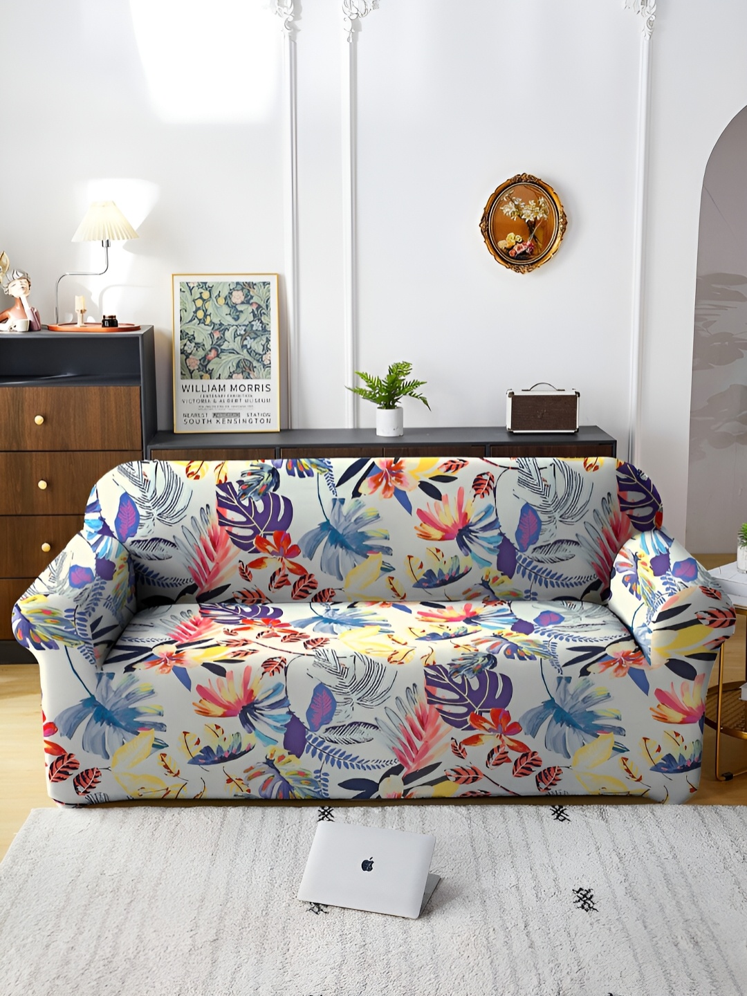 

Aura White & Blue Printed Stretchable Three Seater Sofa Cover With Arms